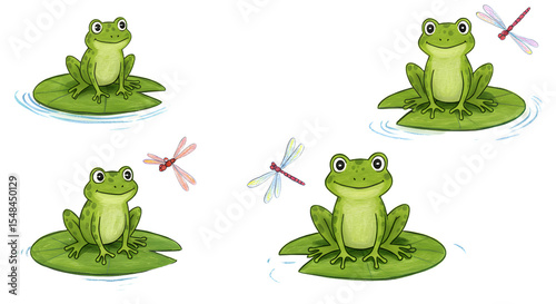 Four cartoon frogs sitting on lily pads in a serene pond, with dragonflies hovering above in a peaceful natural setting