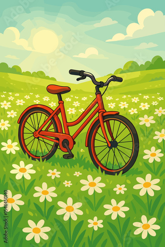 Red bicycle parked in a sunlit summer meadow. Vector cartoon landscape with a bike on green grass among white daisy flowers. Concept for outdoor activity, leisure, travel, nature.