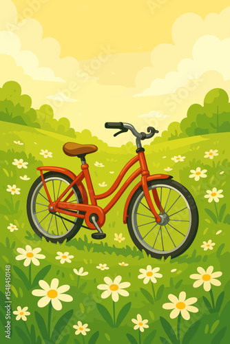 Red bicycle parked in bright sunny green meadow. Idyllic white daisy flower field. Cartoon vector illustration. Summer outdoor nature scene. Leisure, freedom, ecology, relaxation, spring, happiness.