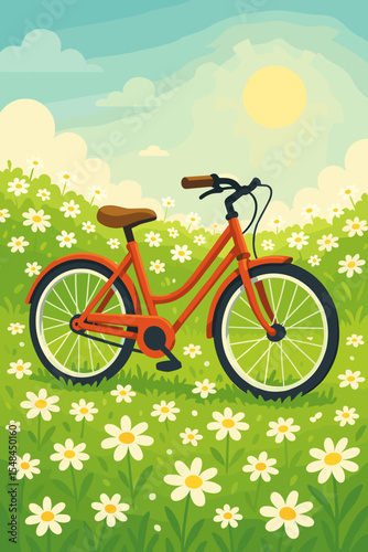 Summer landscape with a red bicycle in a meadow of white daisies. Vector cartoon illustration of a sunny day. Concept for outdoor activity, leisure, travel, and eco lifestyle.