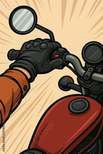 Motorcycle rider point of view with hand in a black glove on the handlebar. Biker ready for a thrilling ride, road trip adventure. Classic bike concept. Retro cartoon illustration.