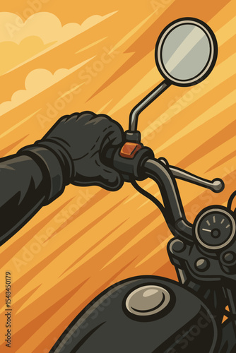 Biker hand in leather glove on motorcycle handlebar, gripping the throttle. First-person view of a rider's adventure. Concept of a road trip, speed, and freedom. Vintage cartoon vector.