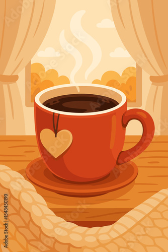 Warm steaming black coffee in red cup with heart tag on cozy wooden table by window with autumn landscape, knitted blanket, morning comfort, relaxing home vector illustration