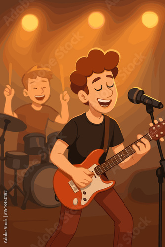 Cartoon rock band performance on stage. Young guitarist singing and playing electric guitar, with a happy drummer in the background. Live music concert or gig vector illustration.