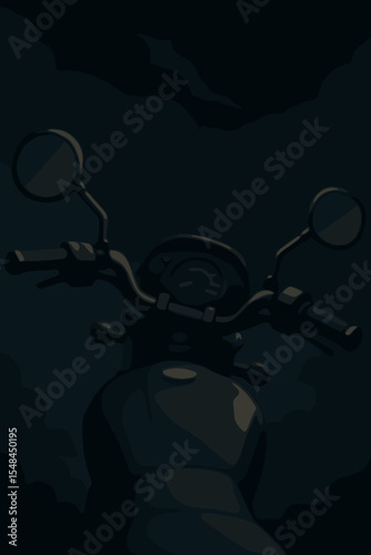 Moody vector illustration of a blurred motorcycle handlebar at night. Dramatic dark setting with a cloudy sky. First-person perspective of a ride. Concept of freedom, biker life, travel.