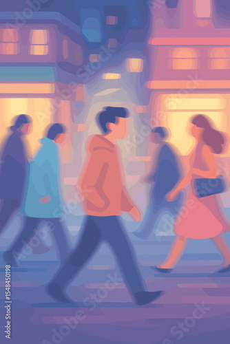 Blurred motion of diverse people walking on vibrant city street at night, pastel colors, urban lifestyle, evening crowd, motion blur effect, vector cartoon illustration