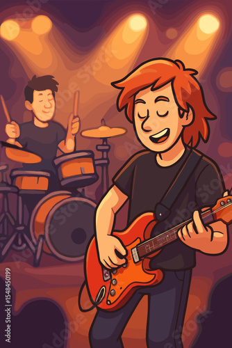 Lively Cartoon Vector Illustration of Happy Guitarist and Drummer in a Band Performing Electric Guitar and Drums on Stage During an Energetic Live Music Concert Performance Scene.