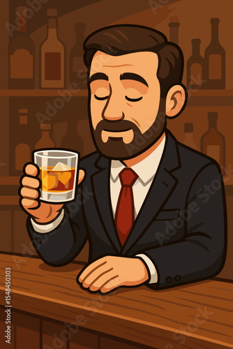Businessman in a suit relaxing with a glass of whiskey at a bar counter. Man alone enjoying a drink after work. Concept of success, contemplation and stress relief. Vector illustration.