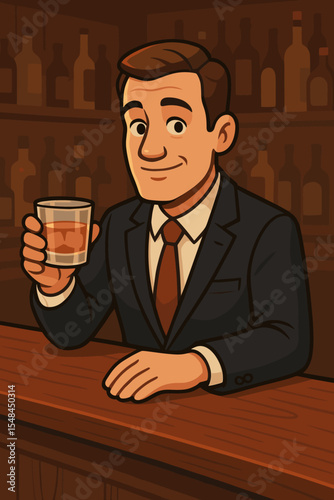 Businessman in a suit holding a glass of whiskey at a wooden bar counter. Retro cartoon vector illustration of a man relaxing after work. Concept of success, celebration, and leisure.
