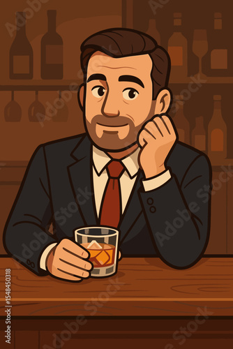 Businessman in suit relaxing at a bar counter with a glass of whiskey. Vector illustration of a successful man enjoying a drink after work. Sophisticated lifestyle concept.