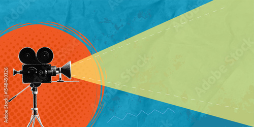 Modern halftone art collage. Image of retro movie camera isolated on blue background. Conceptual art, vintage stuff, Copy space for advertising