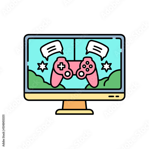Widescreen monitor displaying gameplay with game controllers and chat bubbles - Concept of Comic con - Gaming Culture Icons  