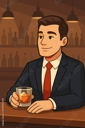 Businessman enjoying whiskey in a bar. Man in suit relaxing after work with alcohol drink. Success and luxury lifestyle concept. Cartoon vector illustration of a person.