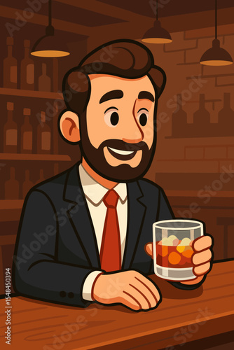 Businessman in a suit relaxing at a bar after work, holding a glass of whiskey with ice. Successful smiling entrepreneur enjoying an alcoholic drink. Vector cartoon illustration.