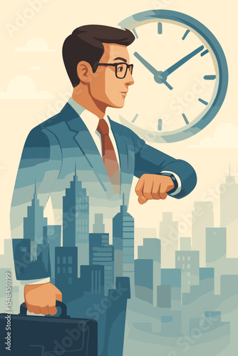 Time management business concept. Businessman checking watch with double exposure cityscape. Corporate success, meeting deadlines, schedule, and punctuality in urban life. Vector.