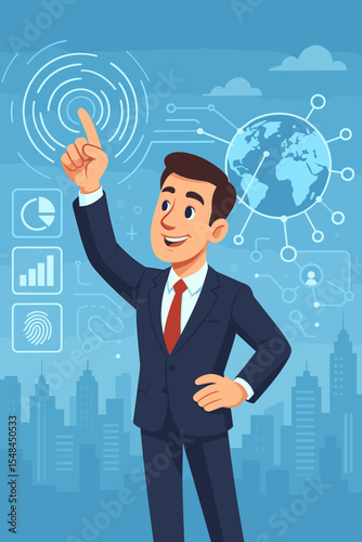 Businessman touching a futuristic digital interface with data analytics icons and a global network. Cartoon character managing corporate innovation on a virtual holographic screen.
