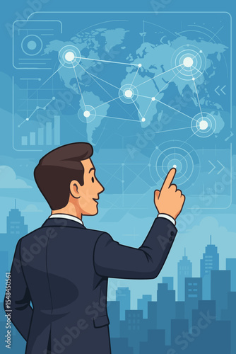 Businessman using a futuristic touch screen interface with a world map and data charts. Global business strategy, network communication, and data analysis concept. Vector illustration.