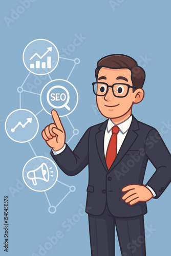 Businessman manager interacts with a virtual interface for SEO and digital marketing strategy. Concept of data analytics, network technology, online promotion, and business growth. Vector.