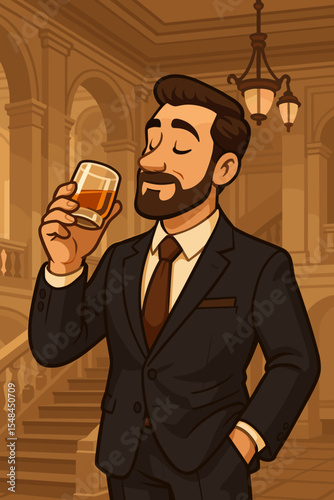 Successful businessman enjoying a glass of bourbon whiskey. Man in suit relaxing in a classic, elegant interior. Vector cartoon illustration of luxury lifestyle and connoisseurship.