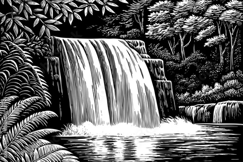 Waterfall cascading into a river surrounded by lush greenery, a black and white sketch vector