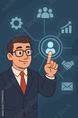 Businessman managing CRM software on a virtual interface. Customer Relationship Management concept with icons for sales automation, client data analysis, and marketing strategies. Vector.
