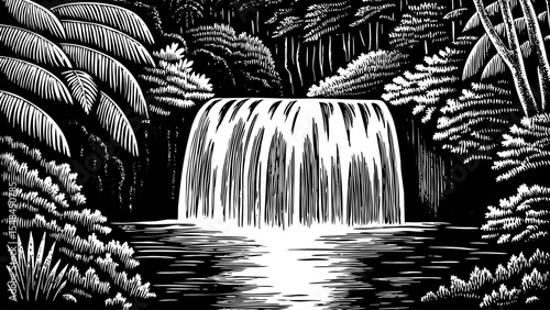 Waterfall cascading into a river surrounded by lush greenery, a black and white sketch vector