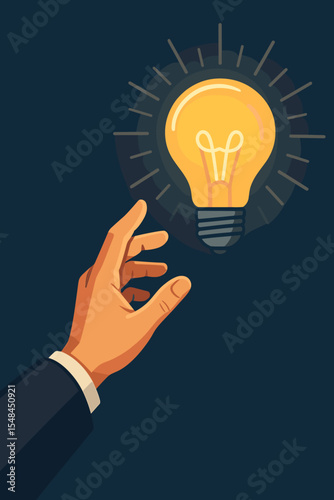 Businessman hand reaching for a glowing light bulb. Business innovation and creative idea concept. Solution, inspiration, and success metaphor. Vector cartoon flat illustration.