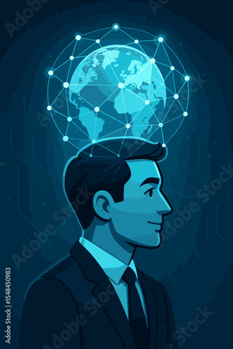 Businessman visualizing a global network. Concept for international business, future technology, and globalization. AI mind, data connection, and visionary leadership vector illustration.