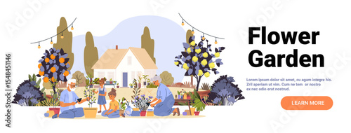 Family gardening outdoor home planting flowers teamwork multigenerational people trees string lights nature colorful landscape website banner