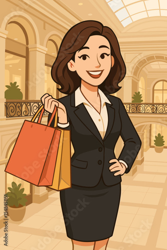 Happy businesswoman in a formal suit holding shopping bags in a luxury mall. Successful female executive enjoying retail therapy. Vector cartoon character for consumerism and sales concepts.
