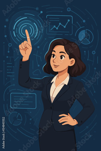 Businesswoman interacting with a futuristic virtual interface and data charts. Technology innovation, business analytics, digital transformation concept. Professional woman pointing.