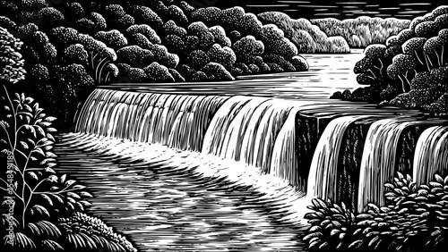 Waterfall cascading into a river surrounded by lush greenery, a black and white sketch vector