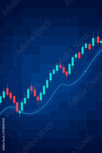 Candlestick chart showing stock market uptrend and growth. Forex trading graph on a futuristic technology background. Financial investment and bullish market analysis concept.