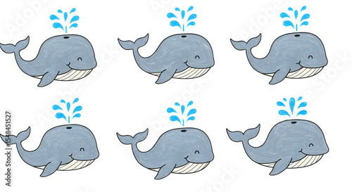 Playful cartoon whales spouting water in a cheerful underwater scene, perfect for children's illustrations or educational materials