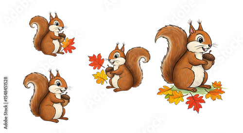 Playful cartoon squirrels gathering colorful autumn leaves in a vibrant forest setting, showcasing nature's beauty