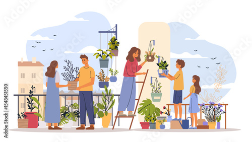 Family gardening urban balcony plants outdoor teamwork people caring for flowers pots green leaves sky background modern flat design