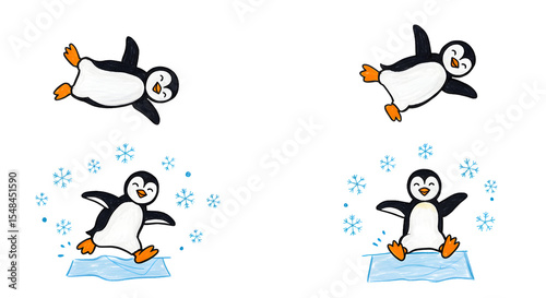 Playful penguins sliding on ice, surrounded by snowflakes, showcasing a joyful winter scene perfect for children's themes