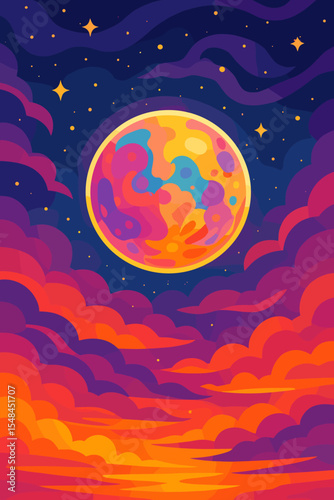 Psychedelic colorful full moon in a surreal fantasy night sky with stars. Abstract vector landscape with magic sunset clouds. Cosmic cartoon background for a dreamy concept.