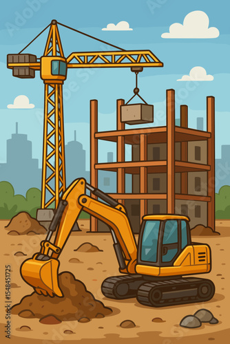 Construction site with heavy machinery. Excavator digging ground and tower crane building a new house. Urban development, architecture and engineering vector cartoon illustration.
