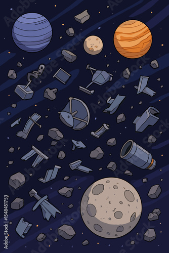 Space junk and cosmic debris floating in an asteroid field with planets. Concept of space pollution and destroyed satellite wreckage in the cosmos. Vector cartoon illustration.