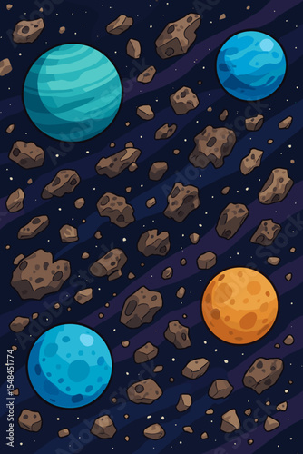 Cosmic space background with colorful cartoon planets and an asteroid field. Seamless vector pattern. Fantasy galaxy illustration with celestial bodies, meteoroids and stars.