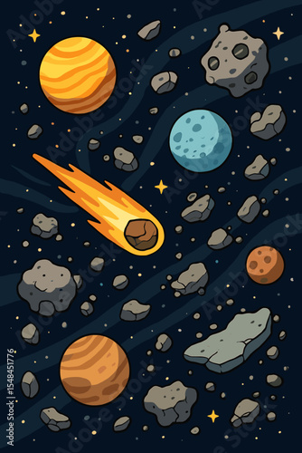 Cartoon space scene with planets, a comet, and asteroids in a galaxy. Vector illustration of the solar system. Cosmic background with celestial bodies, stars, meteors, and cosmic debris.