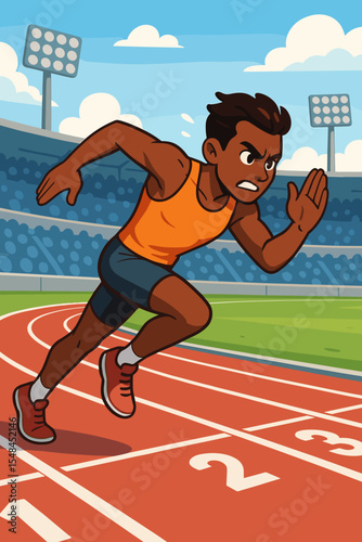 Male sprinter running on a track in a stadium. Determined african athlete competing in a race. Cartoon vector illustration for sports, fitness, competition, track and field, speed.