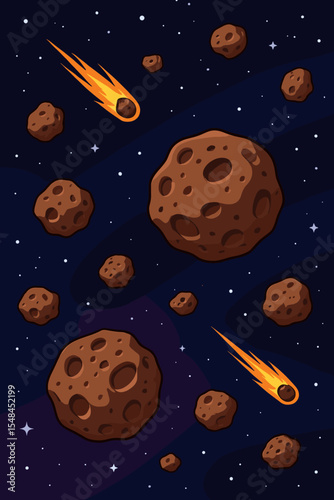 Cartoon space background with asteroids, meteors, and comets flying through the galaxy. Vector illustration of a celestial asteroid belt. Sci-fi universe seamless pattern for game design.