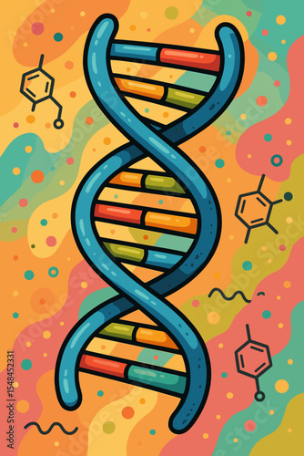 DNA molecule structure illustration. Cartoon vector of a double helix on a vibrant abstract background. Concept for biochemistry, genetics, medicine, science, and biotechnology.