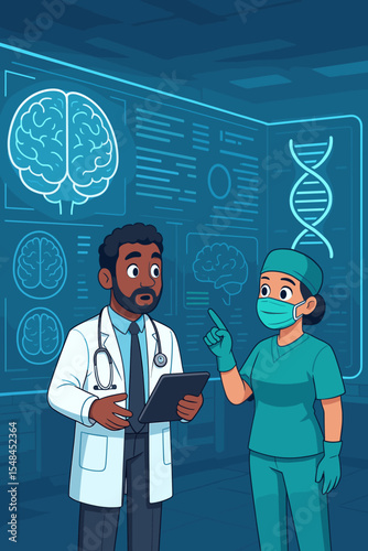 Futuristic medical lab scene with doctor and surgeon analyzing brain scan and DNA data on digital interface, advanced healthcare teamwork, neurology research, vector cartoon illustration