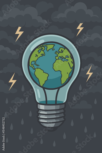 Earth globe in light bulb symbolizing renewable energy, global sustainability, climate change, stormy weather, environmental protection, green power, save planet, vector illustration