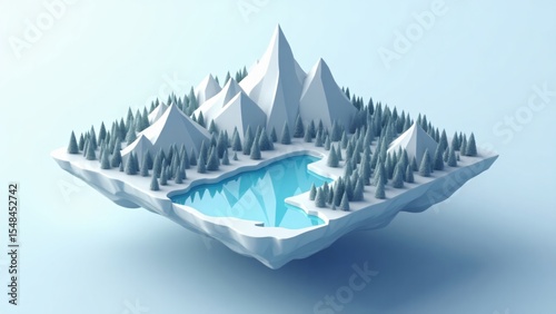 Low poly winter landscape with mountains trees and lake floating in the air