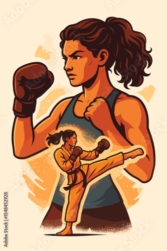 Powerful woman athlete in action, martial arts and boxing double exposure concept, female strength and self-defense, karate kick, fighter pose, sports training, motivation vector illustration