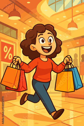 Happy woman shopping mall cartoon. Excited female shopper holding multiple colorful bags in vibrant indoor retail store. Black Friday sale illustration. Joyful customer purchase spree concept